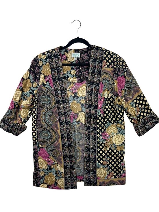 Lady Carol Petites Sweaters - Lady Carol Petite Vtg Open Front Cardigan Women's M Floral Paisley Boho Eclectic